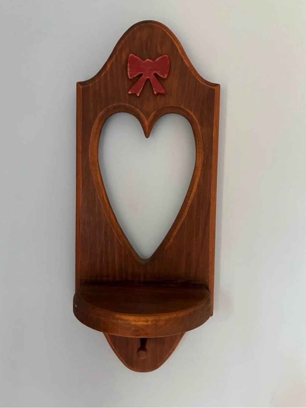 Wood Heart Wall Shelf with Red Bow - Rustic Home Wall Decor